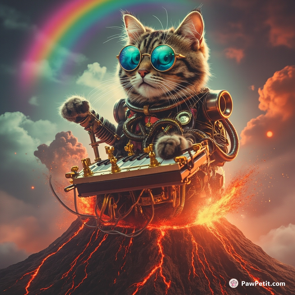 Steam-punk cyborg cat playing a theremin atop an exploding rainbow volcano.
