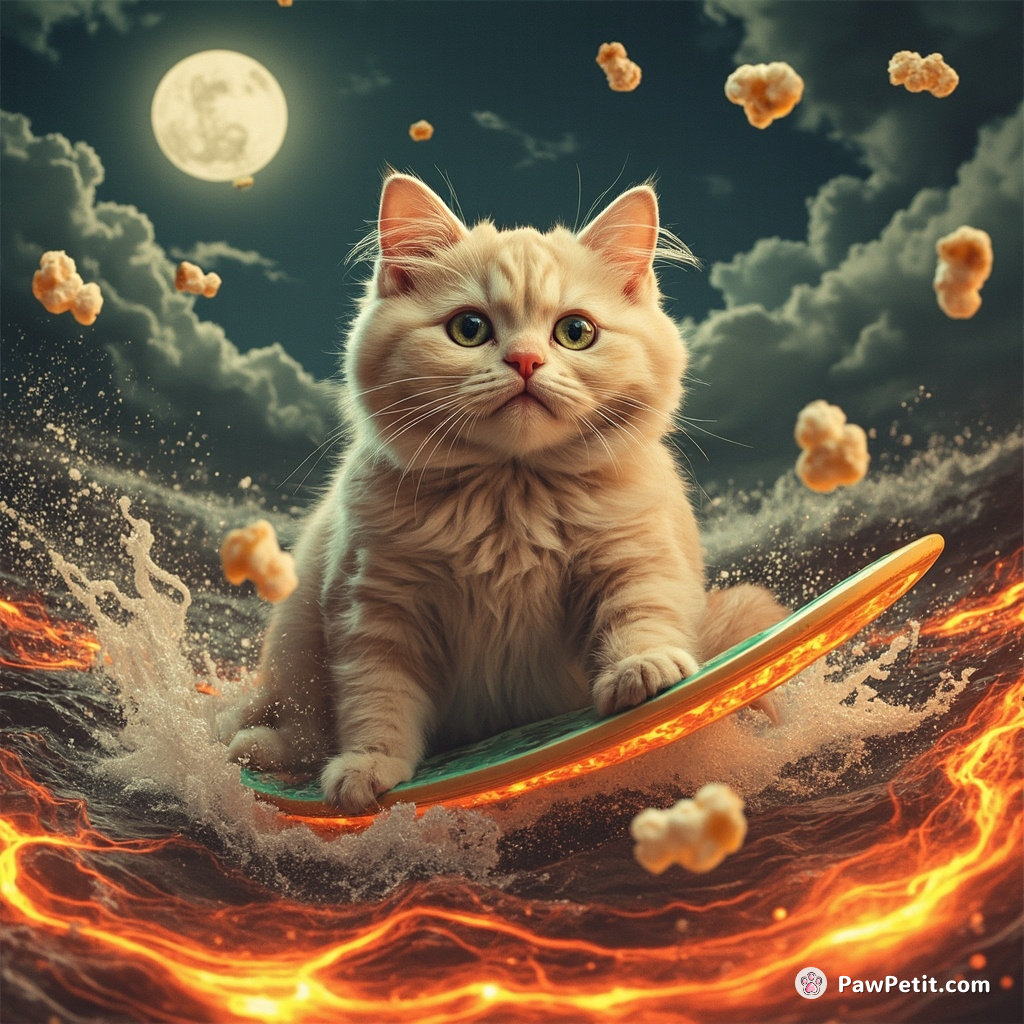 A cat mermaid queen surfing on lava waves under a popcorn storm.