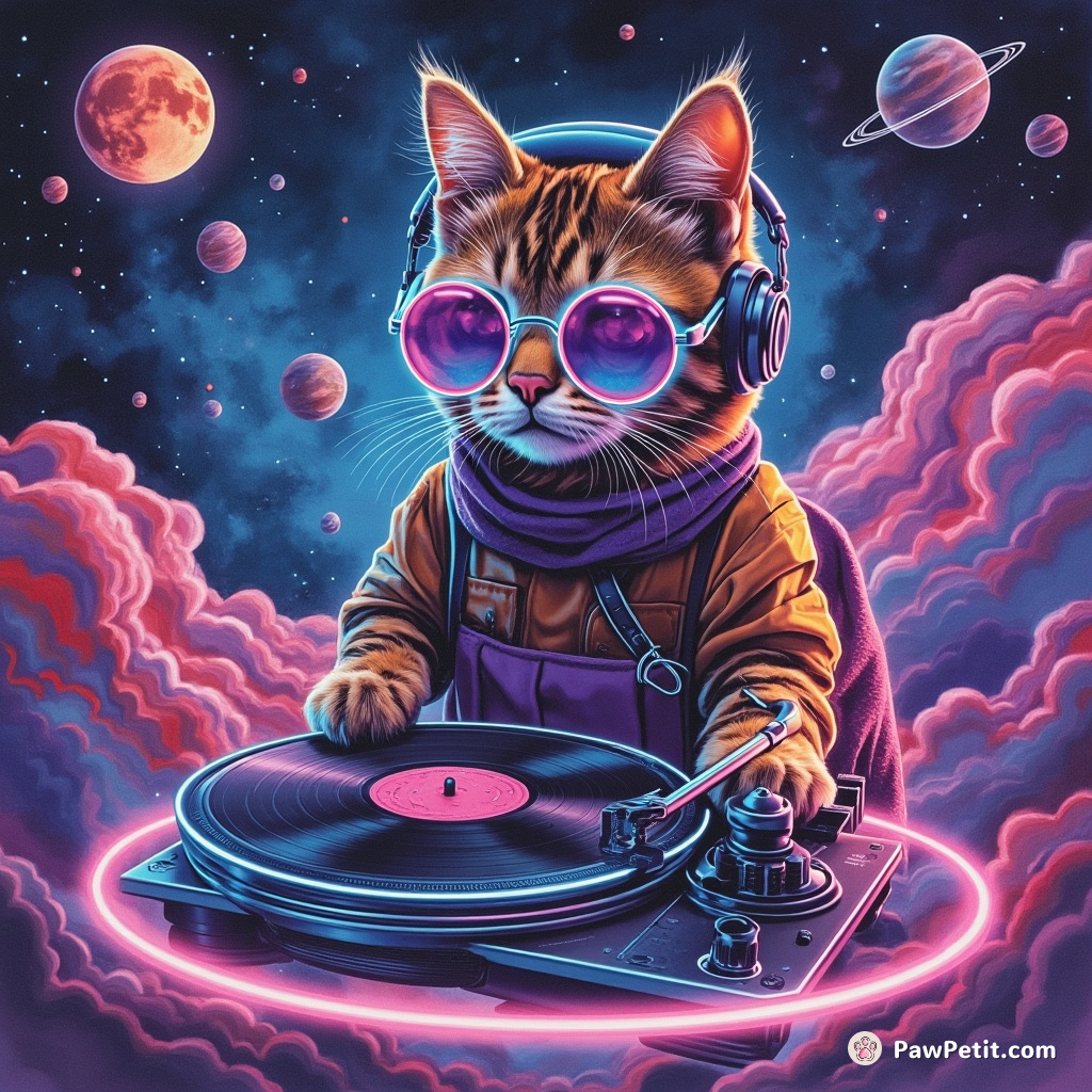 A neon cyberpunk cat DJing on a floating turntable amidst an intergalactic rave party, using asteroid vinyls.
