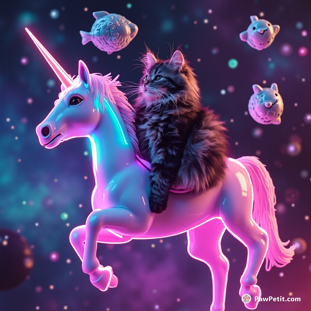 Cat riding a neon unicorn in a psychedelic galaxy, juggling silver fish-shaped planets.