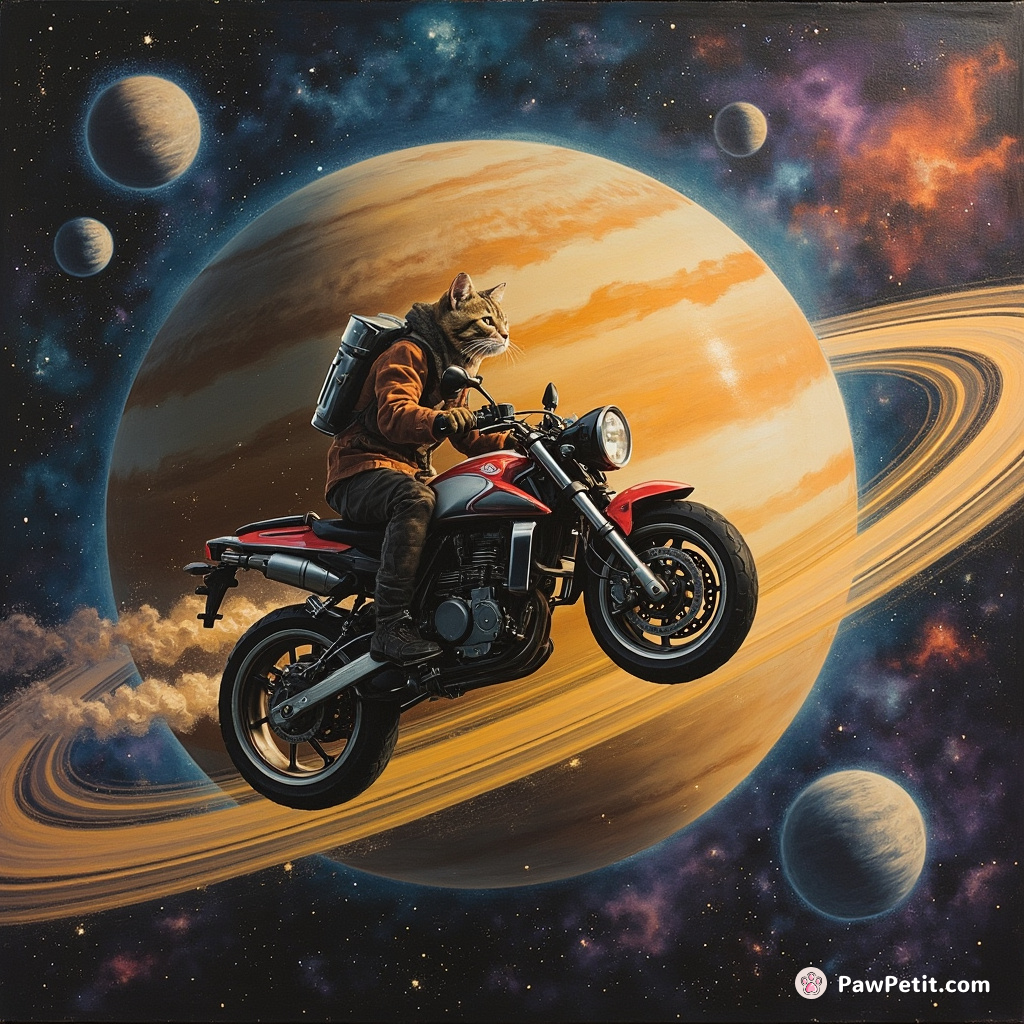 Cyborg cat riding a hovering motorcycle on ringed planet Saturn with multiple moons flickering in the multicolored cosmic dust.