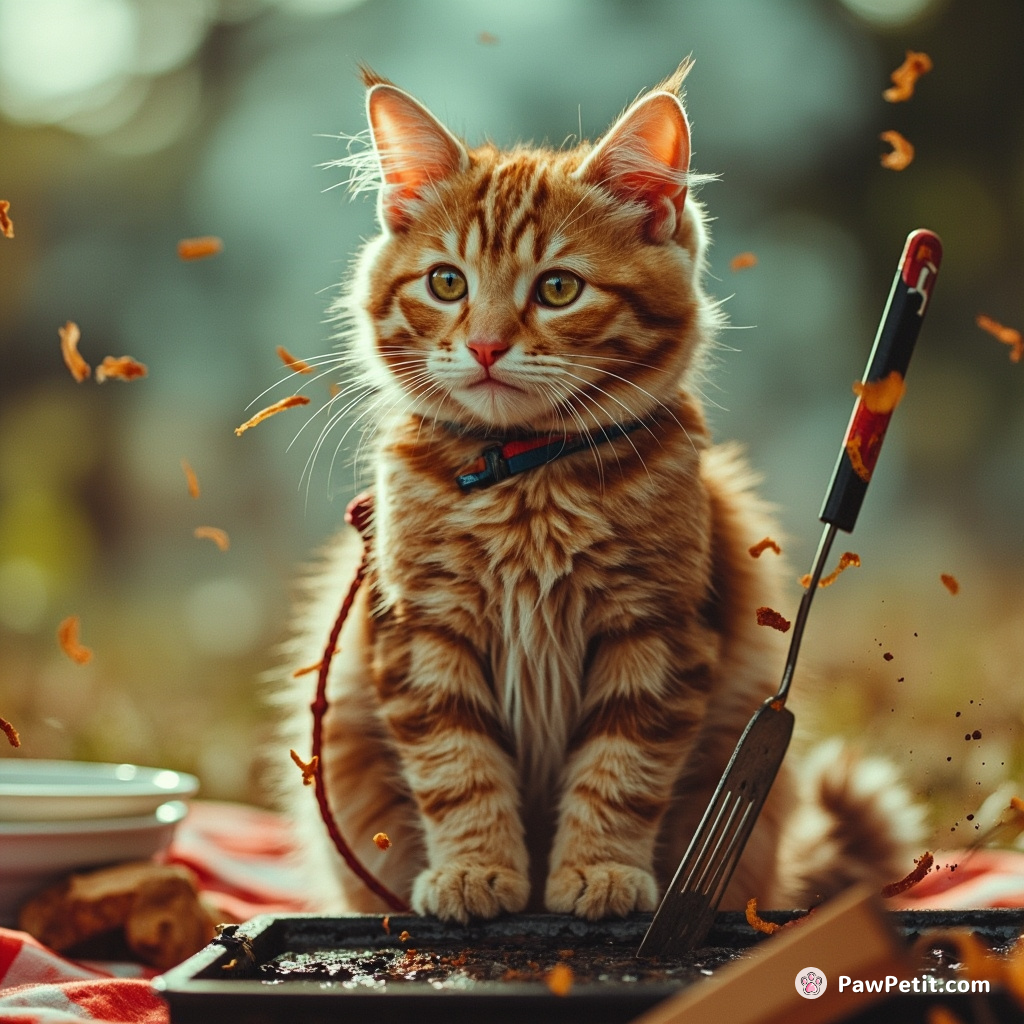 Squatting cat, leash crashed into picnic, chaos erupts; orange tabby at BBQ grill, spatula aloft in usurped chef's domain.