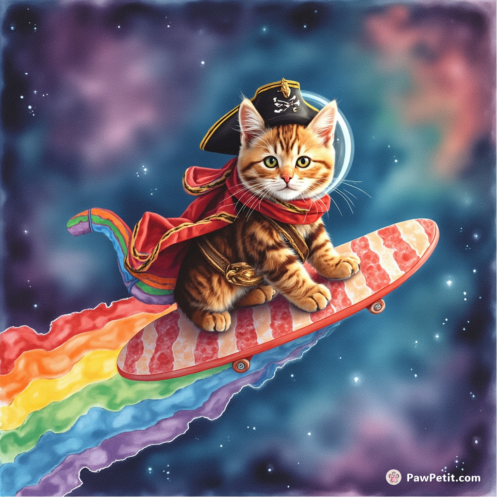 A cat space pirate surfing on rainbow bacon in a nebula.