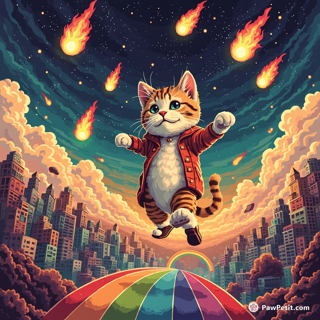 A cat juggling flaming meteorites while tap-dancing on a rainbow over an upside-down city.