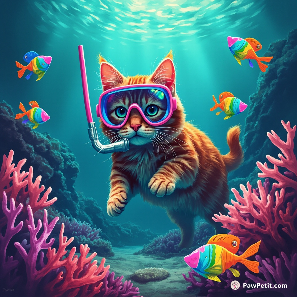 A neon-furred snorkeling cat exploring a coral reef with rainbow-colored fish shaped like shoes.