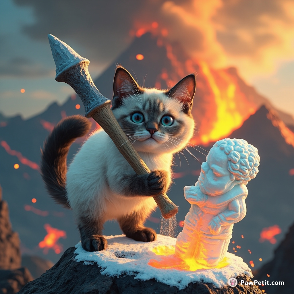 A Siamese cat holding a sledgehammer while carving an ice sculpture of Beethoven on a volcanic crater.