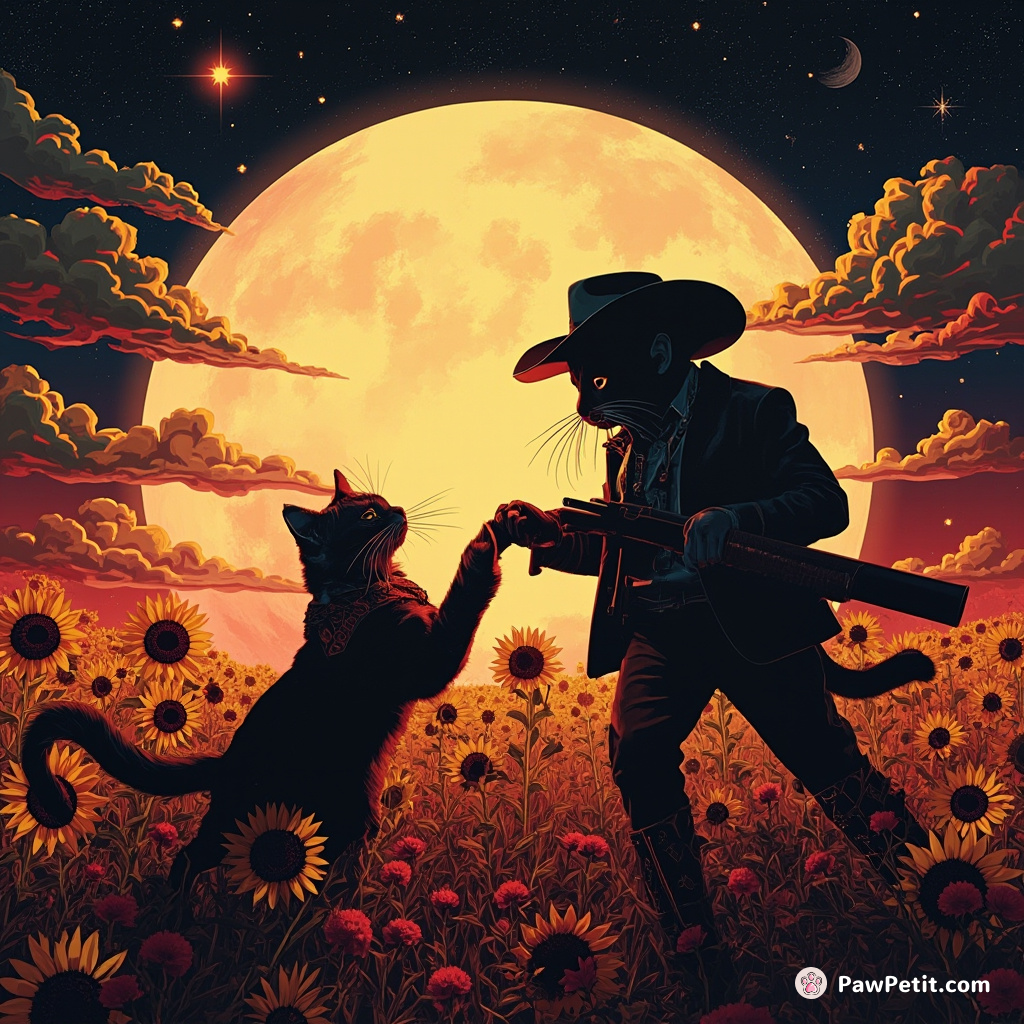 A western-themed silhouette of a cat dueling with cosmic lasagna in a sunflower field as the full moon blushes.