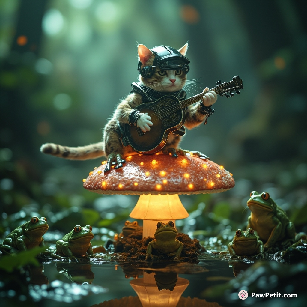 Cybernetic cat secretly conducting an otherworldly orchestra of singing frogs on a crystalline mushroom in the middle of an enchanted bog.