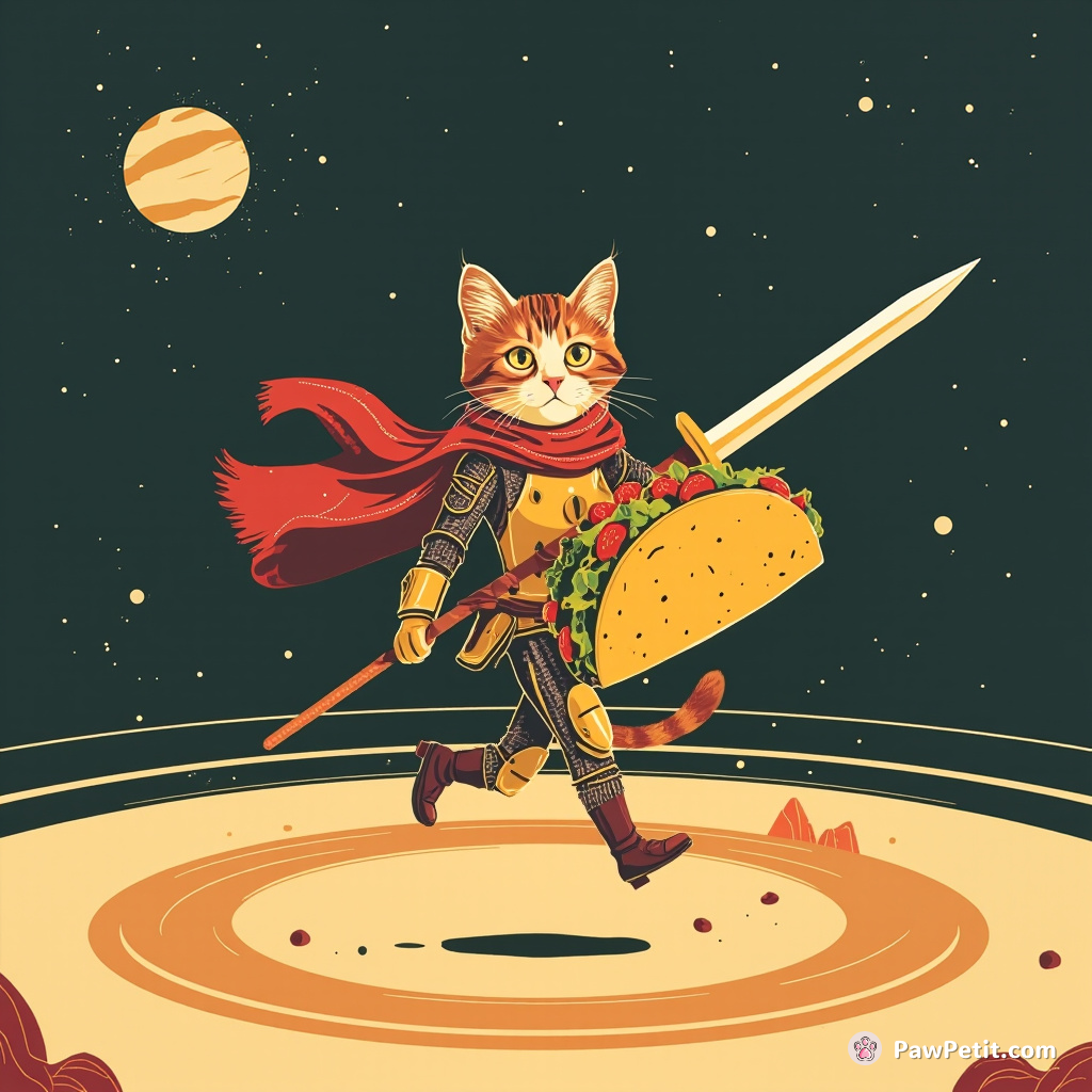 Medieval cat knight wielding a taco-shaped shield, moonwalking on disco Saturn rings.