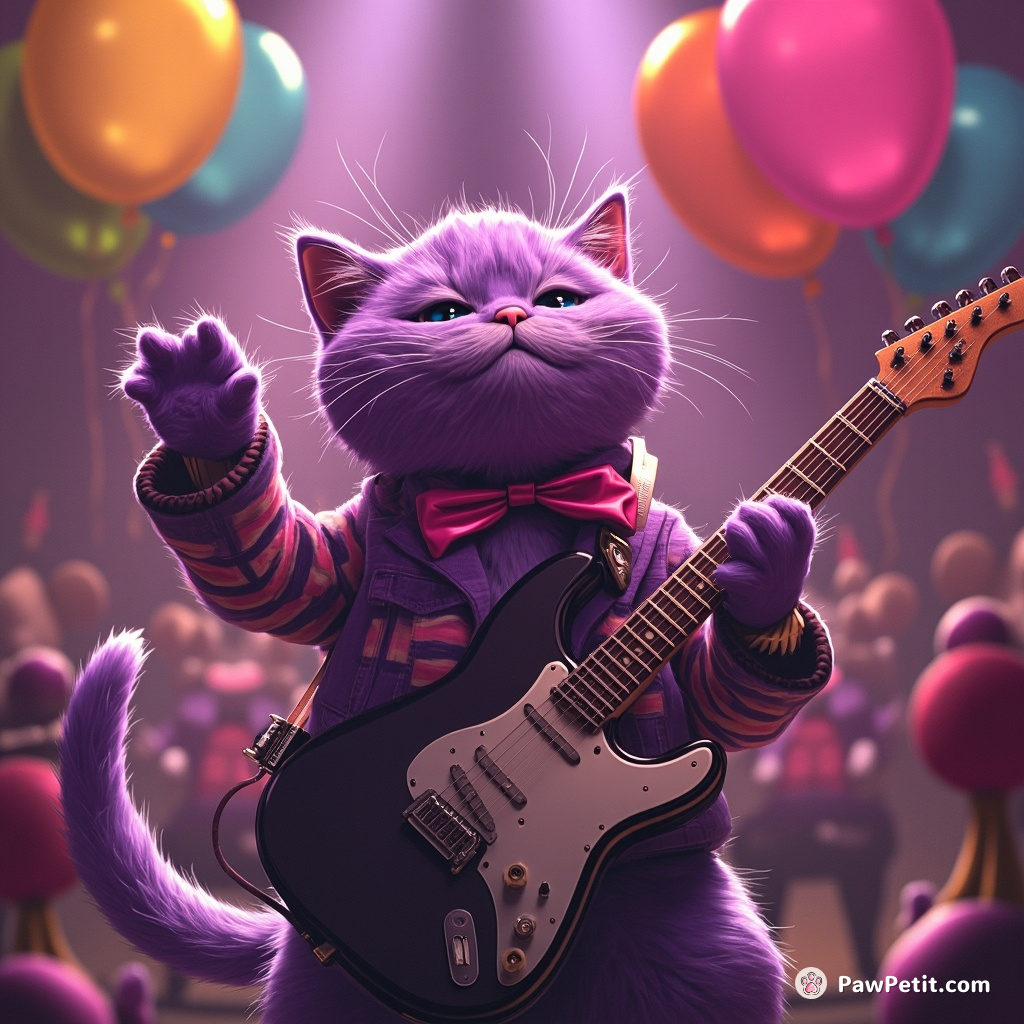 A purple cat head-banging in a classical punk concert, surrounded by mouse-shaped balloons.