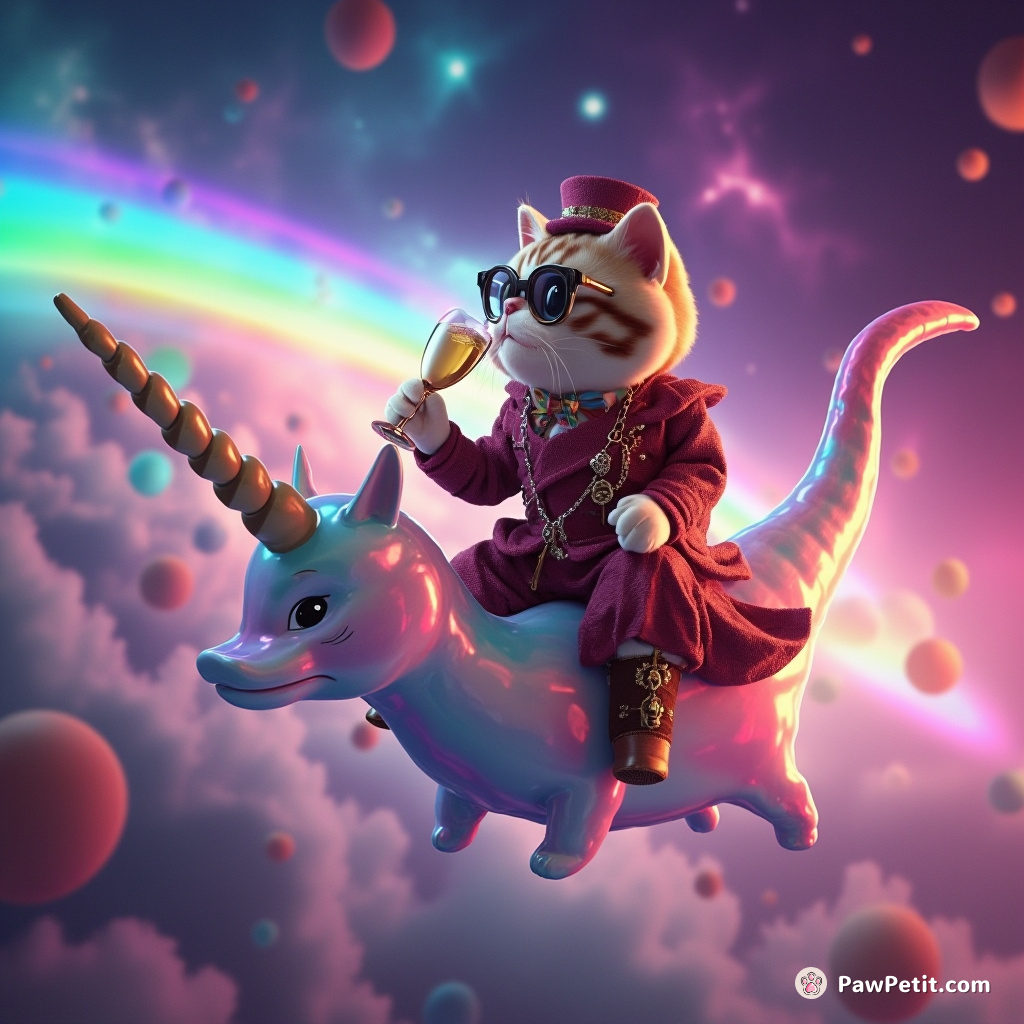 A Victorian-era aristocratic cat sipping bubbly champagne while riding an iridescent narwhal through a rainbow nebula.