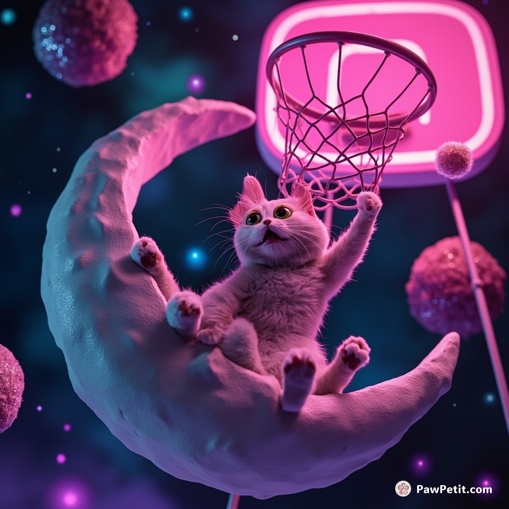 A three-eyed neon cat swinging on a moon-shaped trapeze, dunking glittery asteroids into a bright pink cosmic basketball hoop.