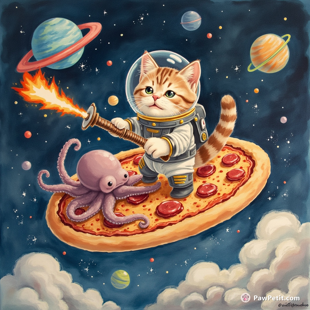 Cat fire-sword fighting with an octopus on a flying pizza in outer space.