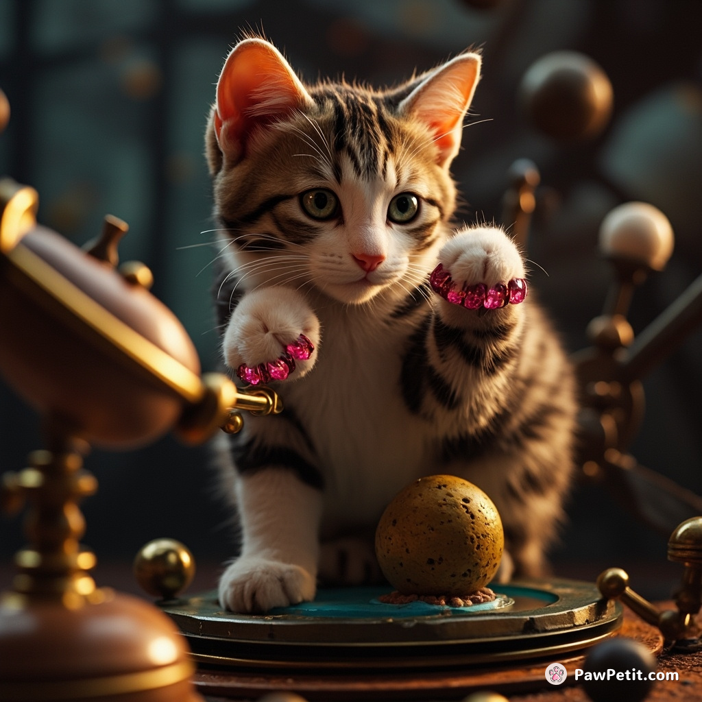 A multicolored tabby cat 3D printing planetary replicas with jewel-sticky paws in a steampunk observatory.