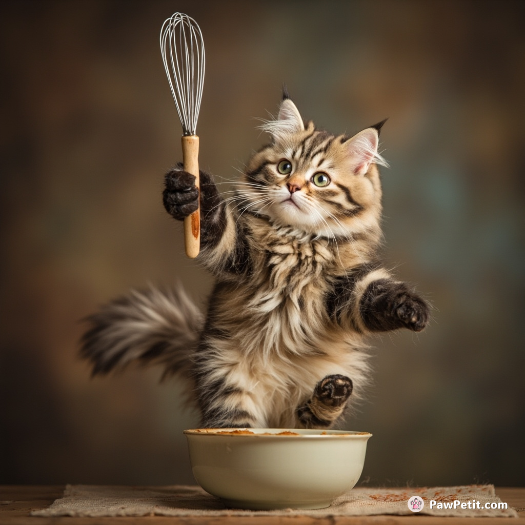 A cat attempts to out-cook a chef, flamboyantly whisking a whisk with its tail in mid-air.