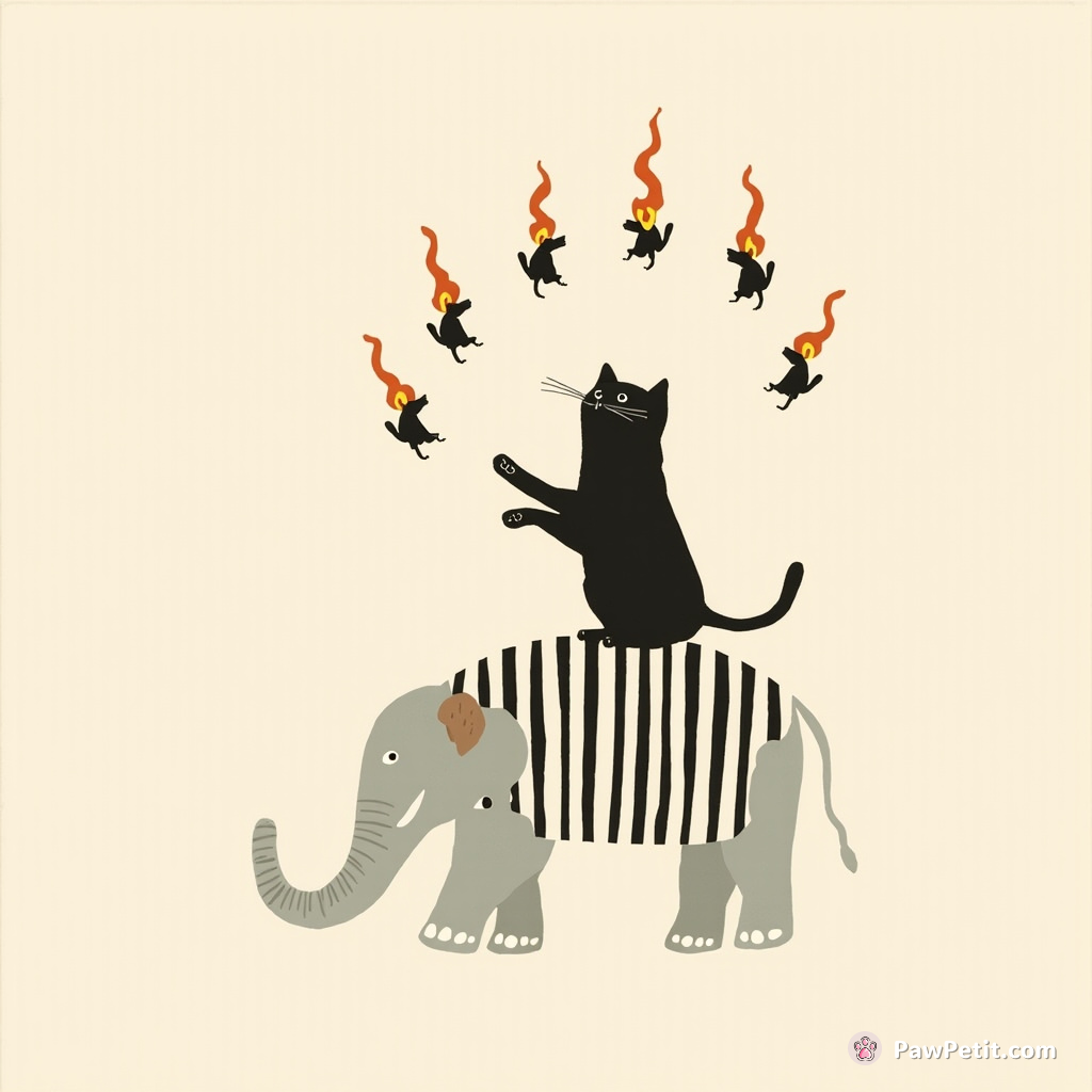 Cat juggling seven flaming mice atop a striped circus elephant.