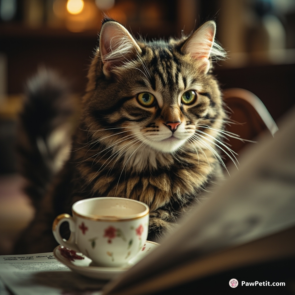 Whiskers the cat sips tea and peruses newspapers daily, tail flicking in faux concentration.