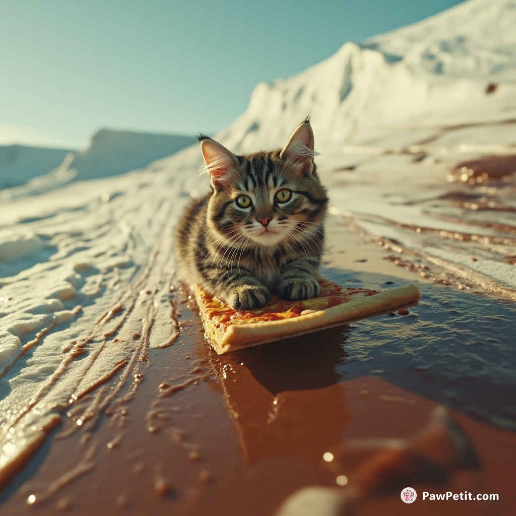 A cat sledding down a chocolate sauce glacier on a discarded pizza slice.