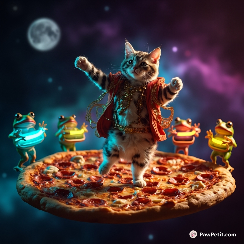 A cat flamenco dancing on a slice of pizza in deep space, backed by an orchestra of frogs playing luminous neon instruments.