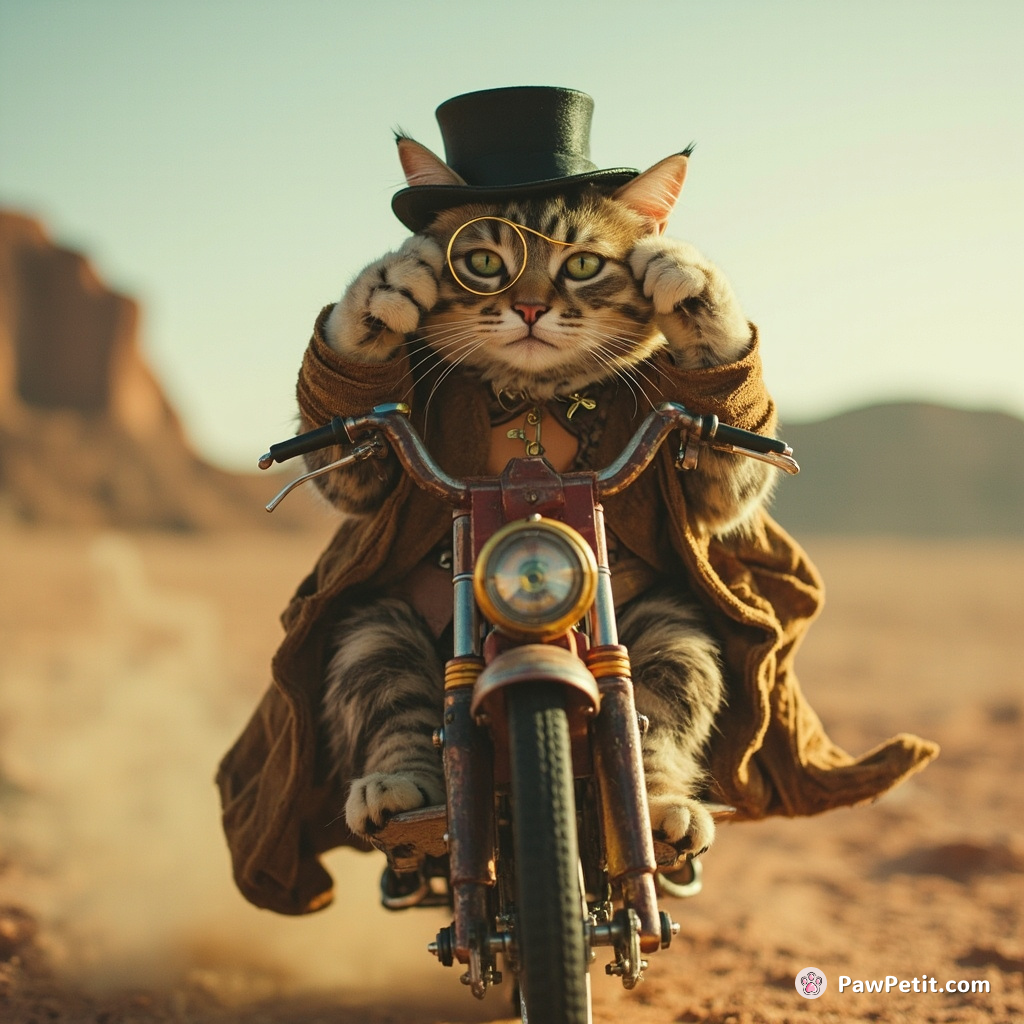Steampunk cat adjusting its monocle while riding a monowheel in a post-apocalyptic desert.