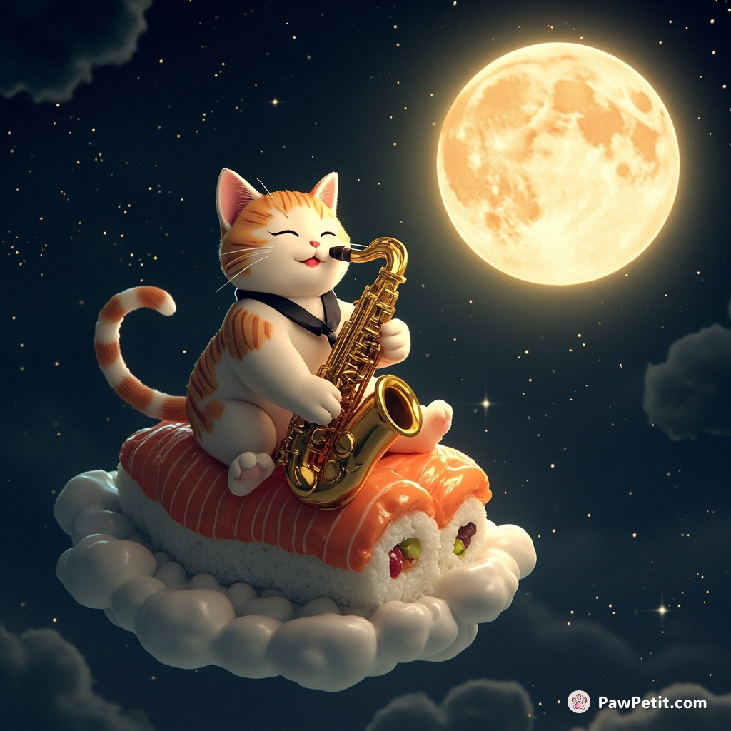 A cat serenading the full moon with a golden saxophone atop a floating sushi roll in nebular space.