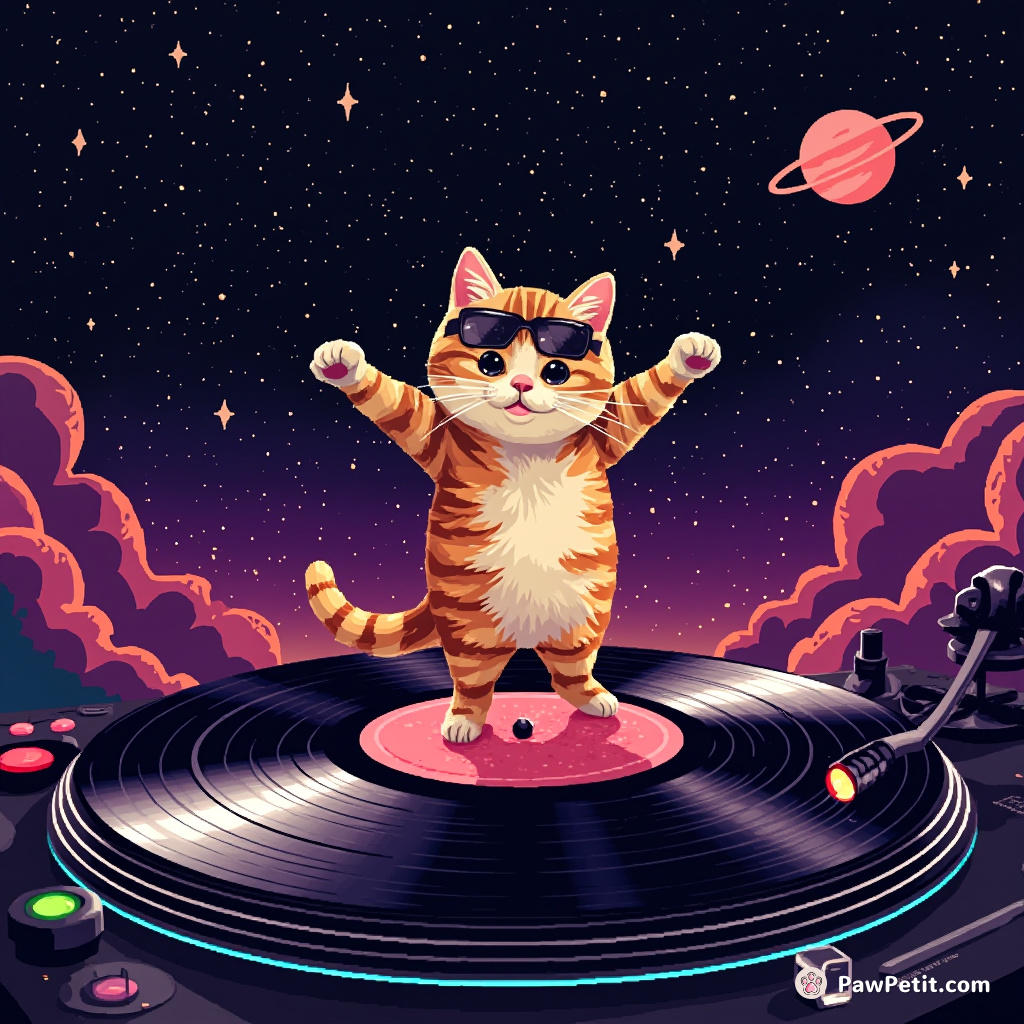 Cat performing a breakdance on top of a spinning vinyl record in an interstellar disco.