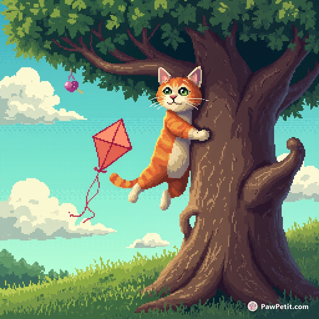 A cat scales a tree to "rescue" a kite, only to get stuck and meow for help.