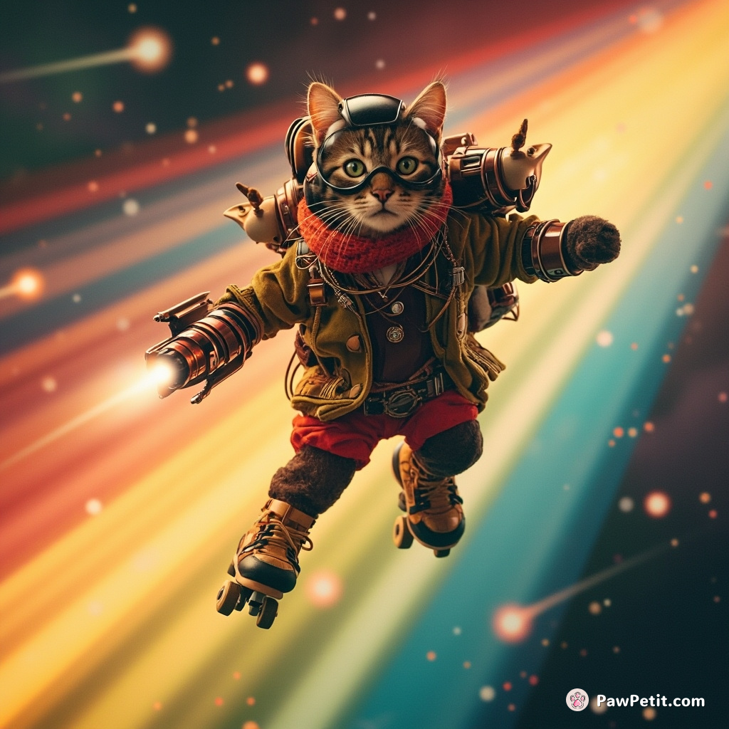 Steampunk cat pilot streaking across a cosmic rainbow on jet powered roller skates.