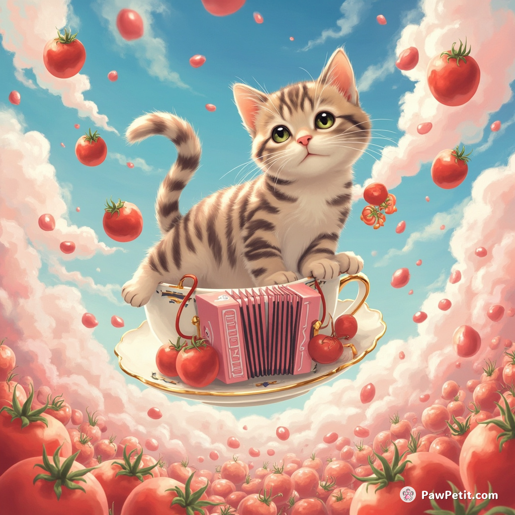 A floating cat in a tea cup, juggling ruby-red tomatoes amidst an accordion symphony under a cotton candy sky.