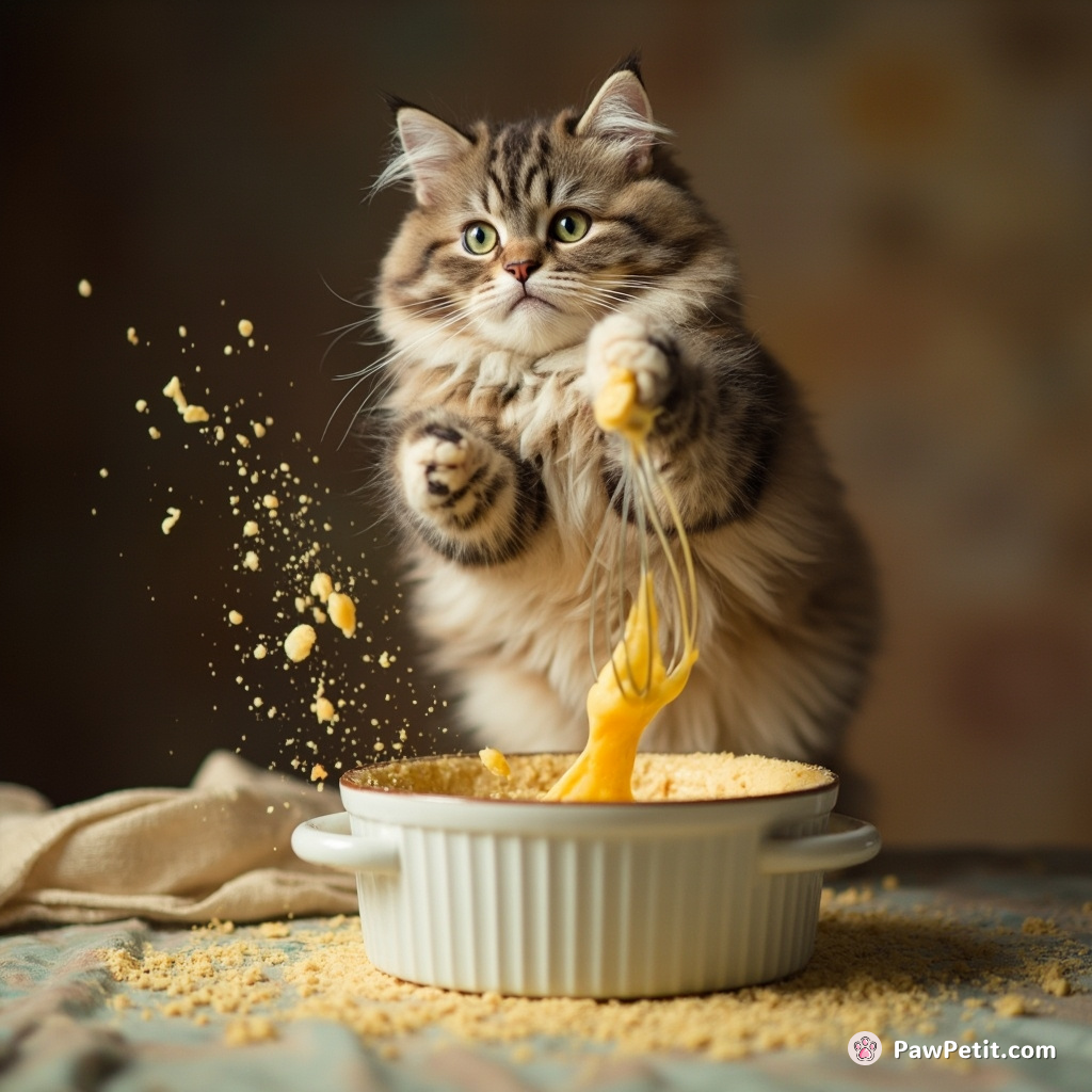A cat attempts to bake a soufflé, leaping to whisk eggs mid-air, convinced it’s superior to human chefs.