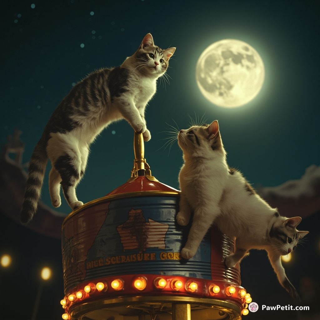 Cats performing a Cirque du Soleil act on top of a sardine can carousel in moonlight.