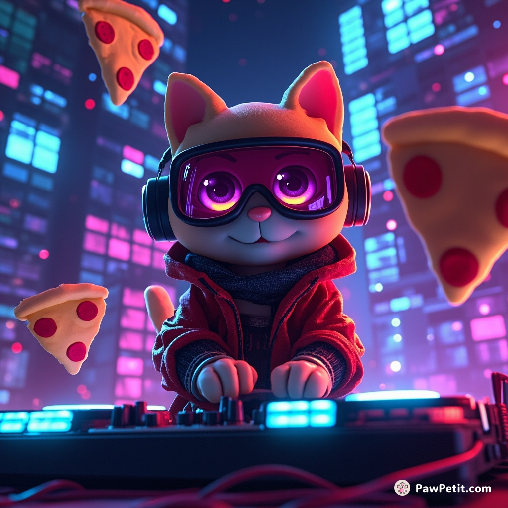 Cyberpunk cat DJ, mixing beats in neon night-soaked skyrise with floating pizza slices.
