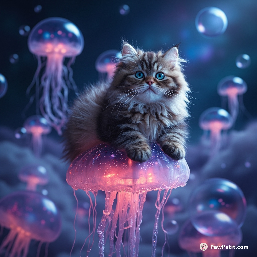 Cat riding a neon jellyfish in a sea of floating bubbles, each containing miniature galaxies.