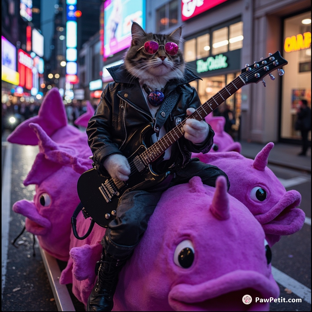 A feline, wearing a spiky punk rock outfit, shredding an electric guitar on top of a moving parade float made entirely from purple velvet fish.