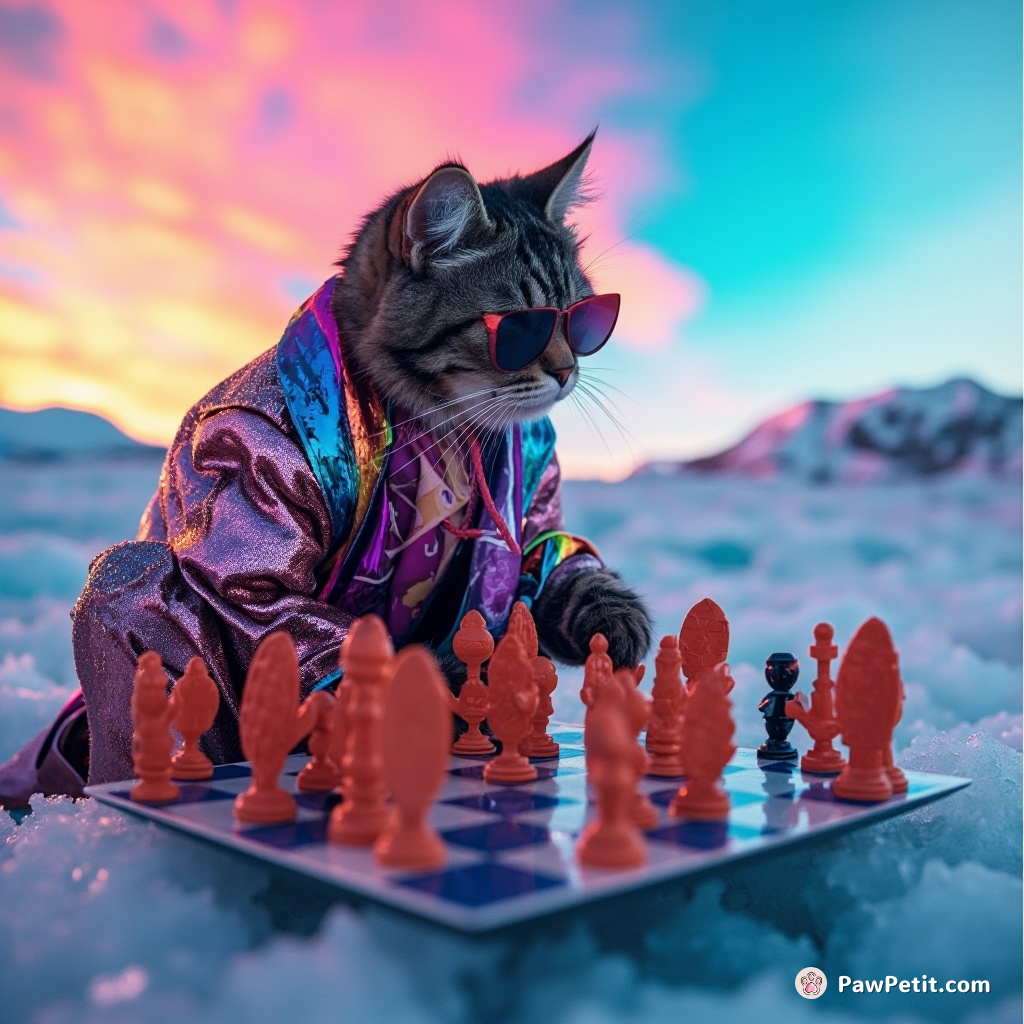 Cat playing chess with fish-shaped playing pieces on a glacier under rainbow skies while wearing a sequined suit.