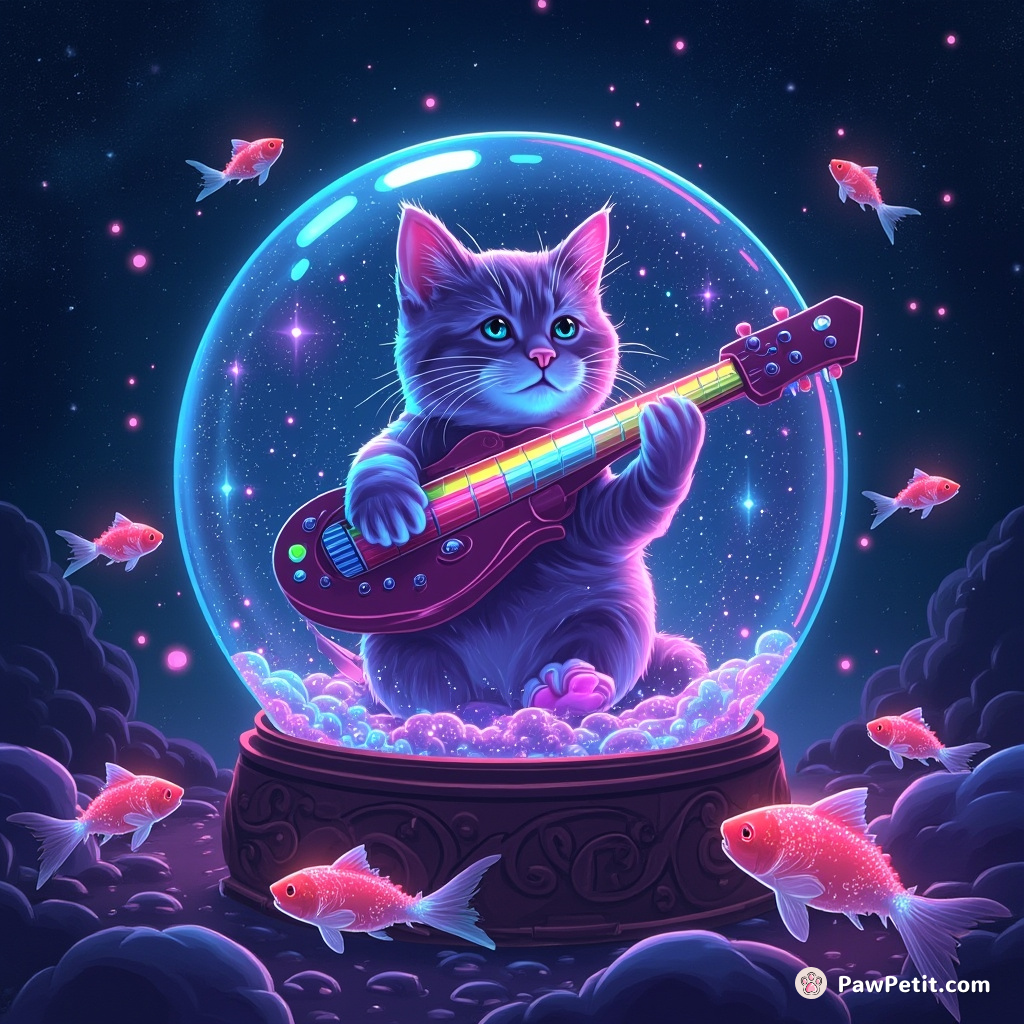 A neon cat playing a theremin in a galaxy-themed snow globe while holographic fish swim around it.