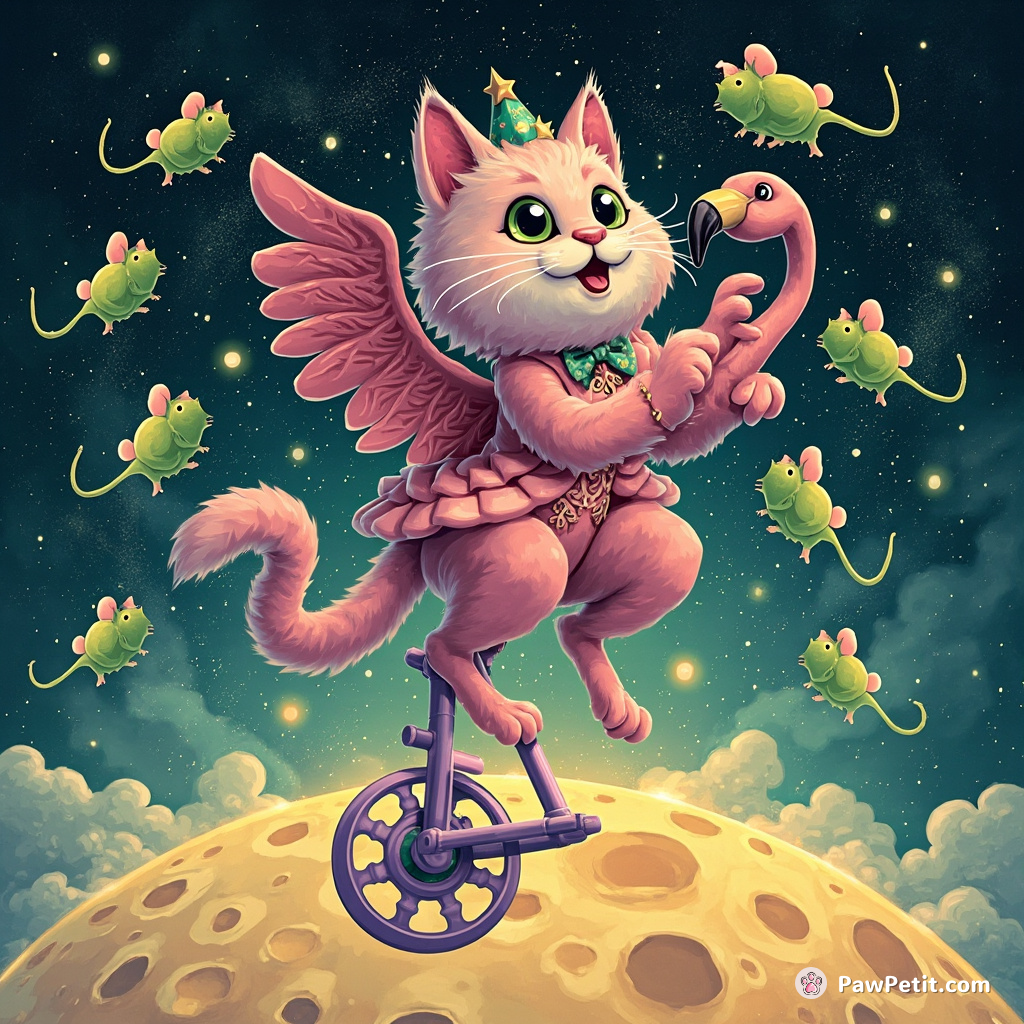 A flamboyant flamingo-cat hybrid juggling emerald mice on a lilac unicycle gliding over interstellar cheese moon.