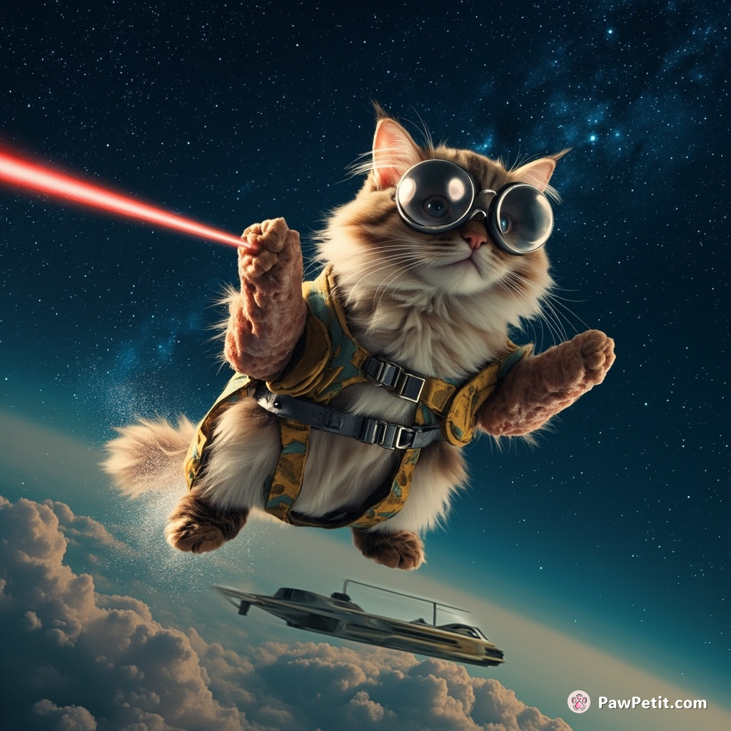 Cyborg cat surfing on the Milky Way with laser-guided chicken drumsticks.