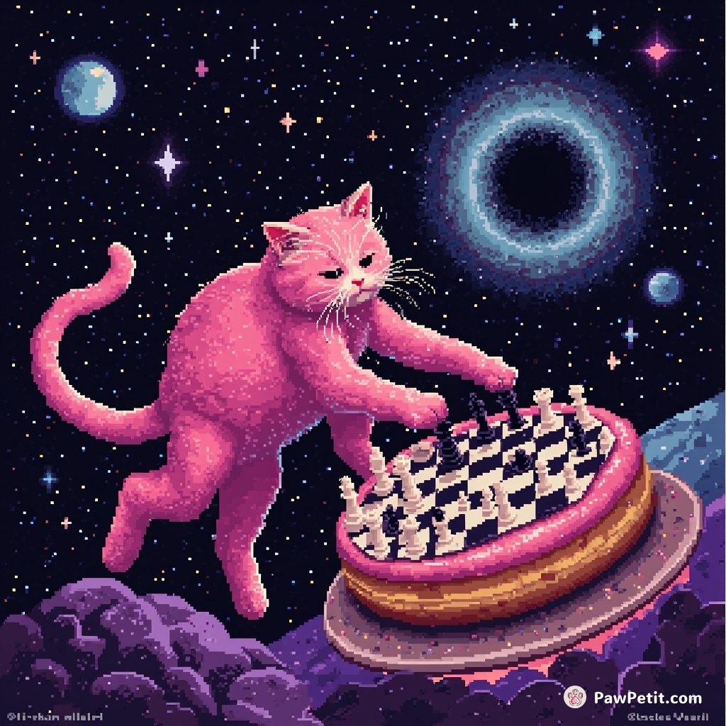 A six-legged, fuchsia cat beating a starry black hole in an intergalactic chess match on top of a rotating donut in zero gravity.