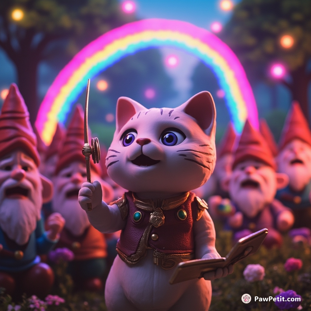 Cat directing a symphony of animated garden gnomes under a neon rainbow in a disco-themed forest.