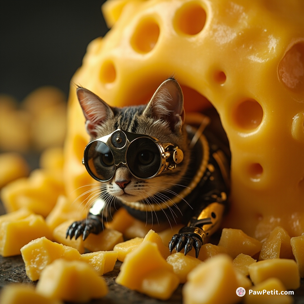 A steam-powered robotic cat burrowing into a colossal wheel of cosmic cheddar cheese.