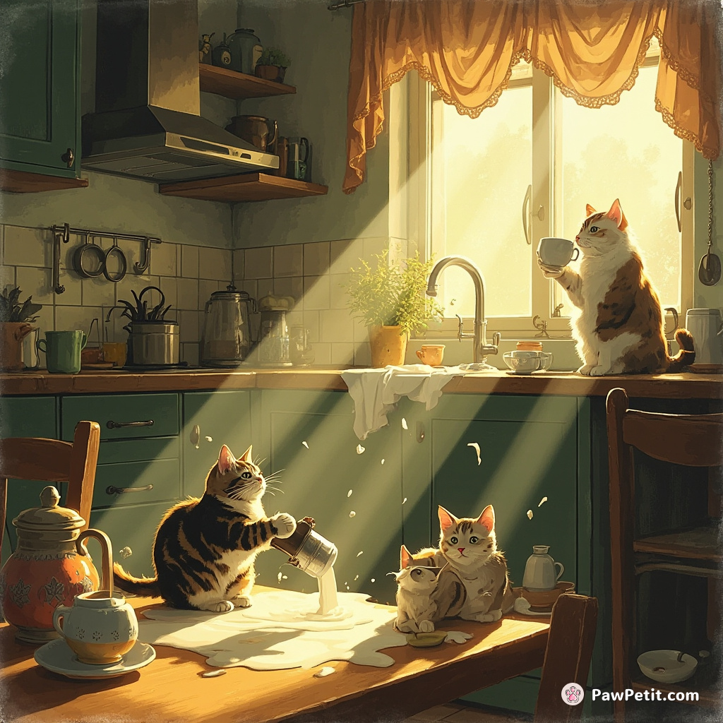 Cats secretly pilfer milk from kitchen counters while humans blissfully unaware enjoy their morning coffee.