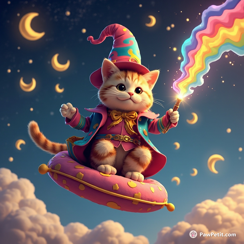 Cat dressed as a flamboyant wizard, casting a cascading rainbow from its wand while surfing on flying toss pillows in an outer space background filled with smiling crescent moons.