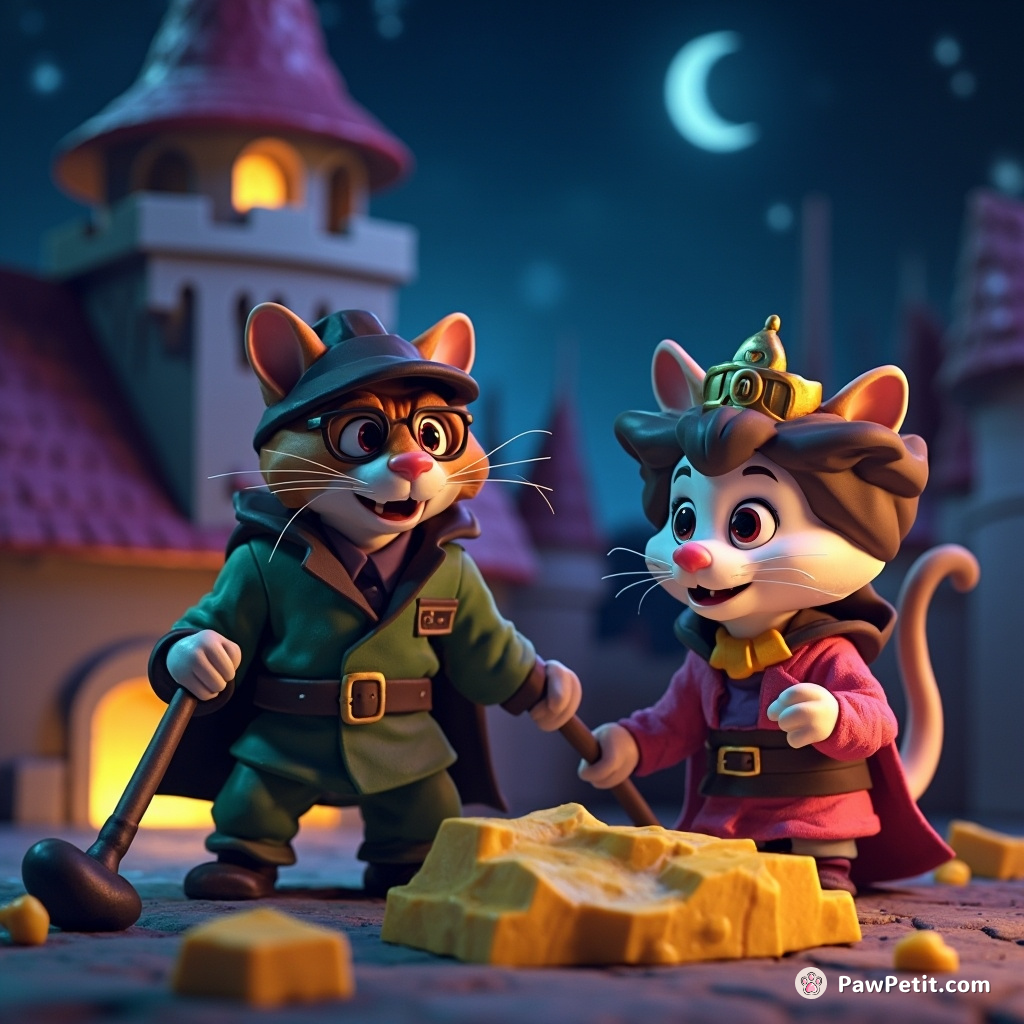 In our tail, stealthy Purrlock Holmes outwits evil Queen Rat-a-cilla defeating her infamous midnight cheese theft atop Sugarplum Castle.