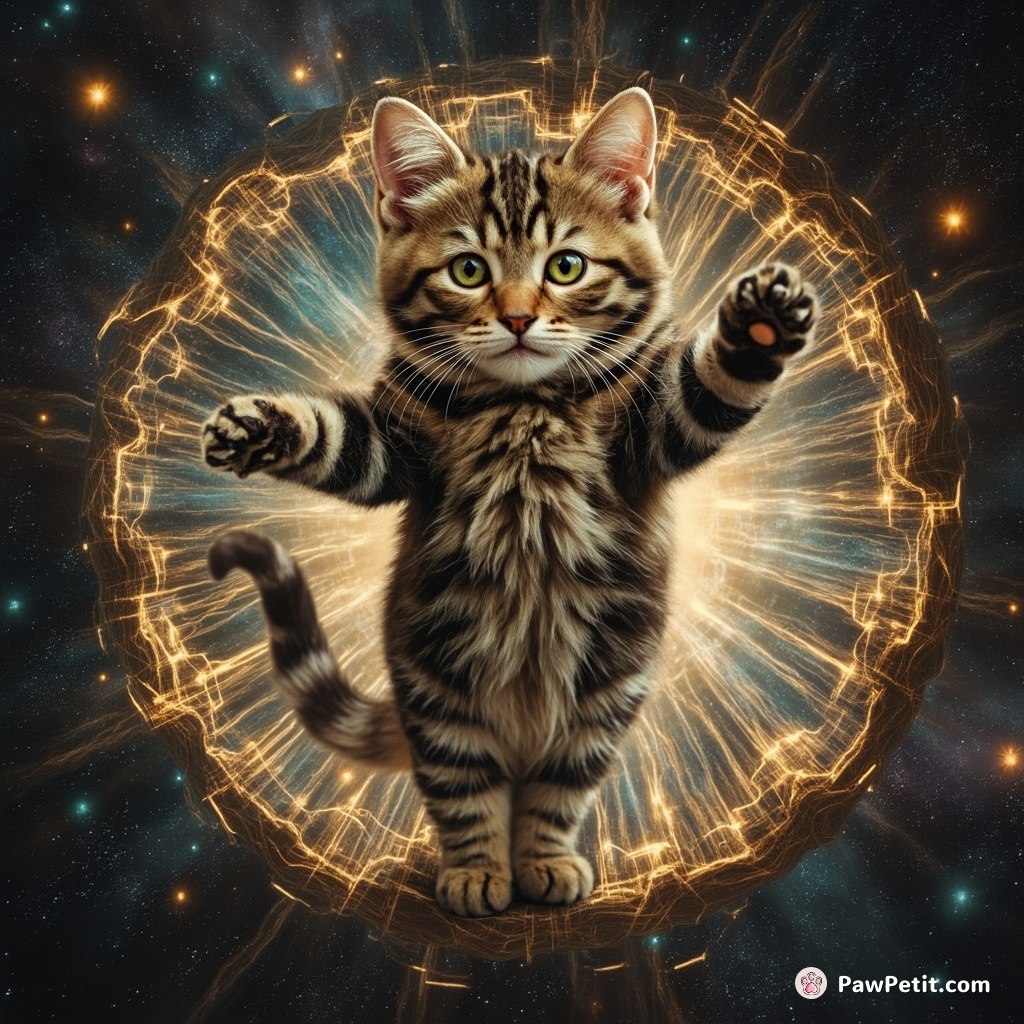 A tabby oscillates upon the quantum loom, skillfully threading wormholes with her woven prance tunnelling through interstellar space-time.