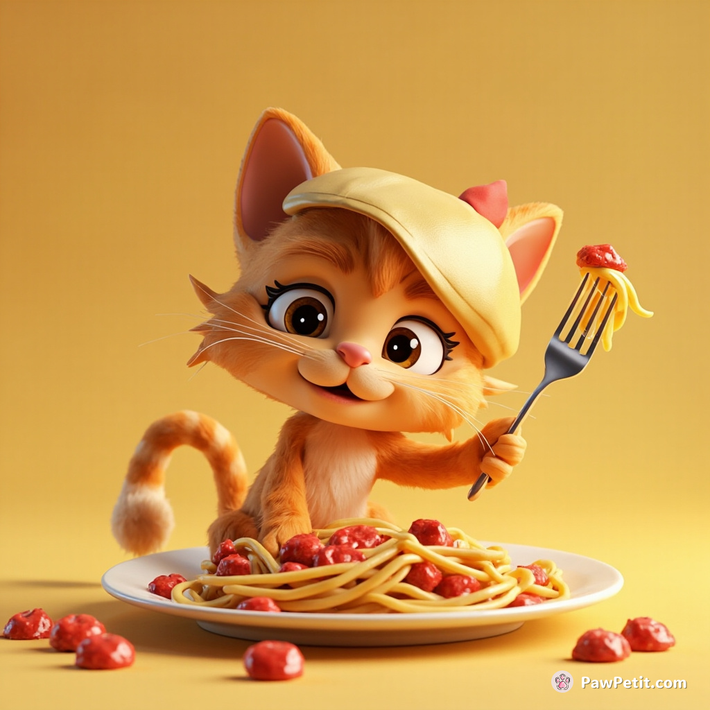 Whiskers, the cat, attempts to eat spaghetti with a fork, ends up wearing it as a hat instead.