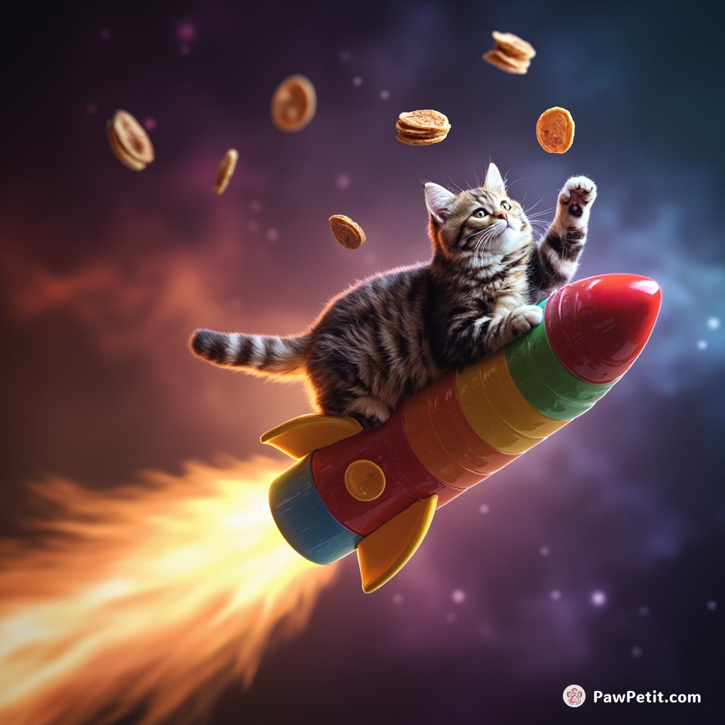 Cat riding a spectral rainbow rocket in deep space, juggling baby-sized American pancakes by its paws.