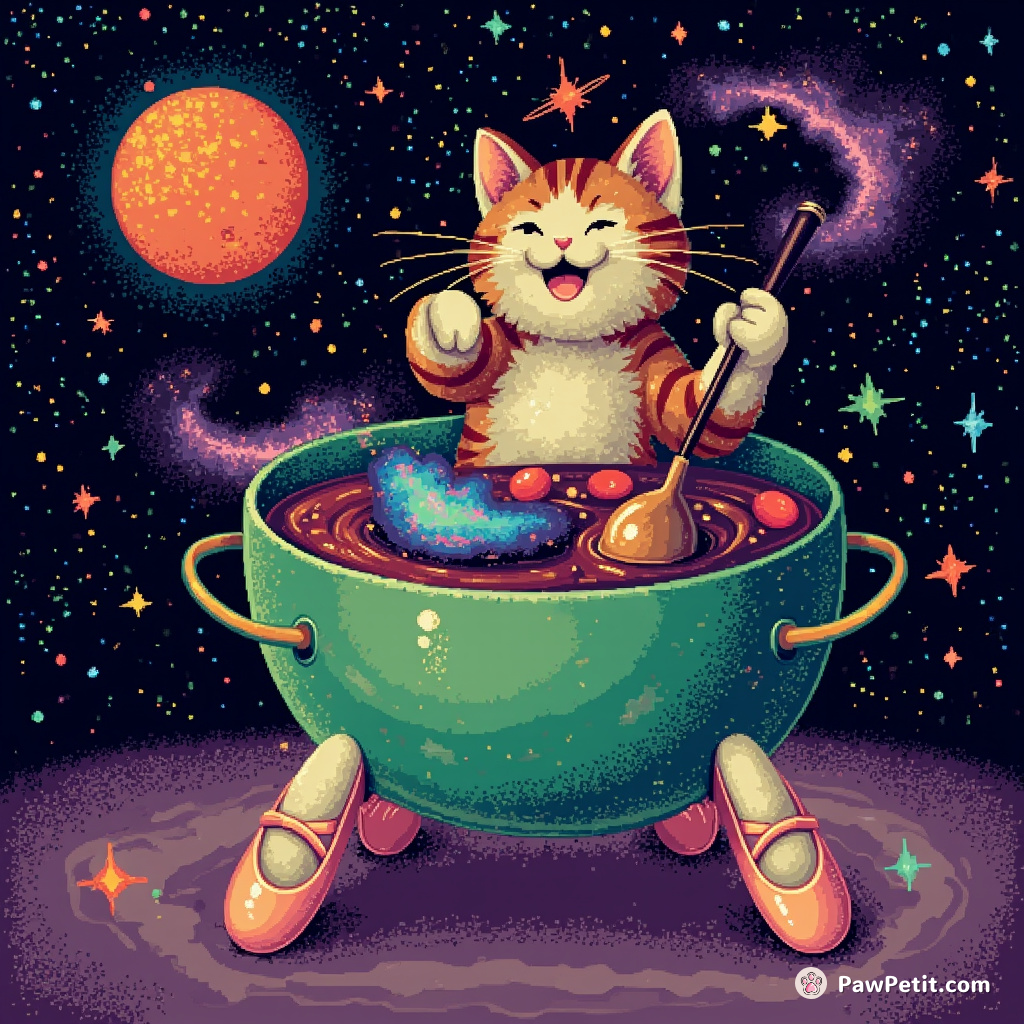 A cosmic cat rhythmically stirring a galaxy soup made of nebulas and stars inside a giant emerald bowl, while balancing on three-legged ballet shoes.
