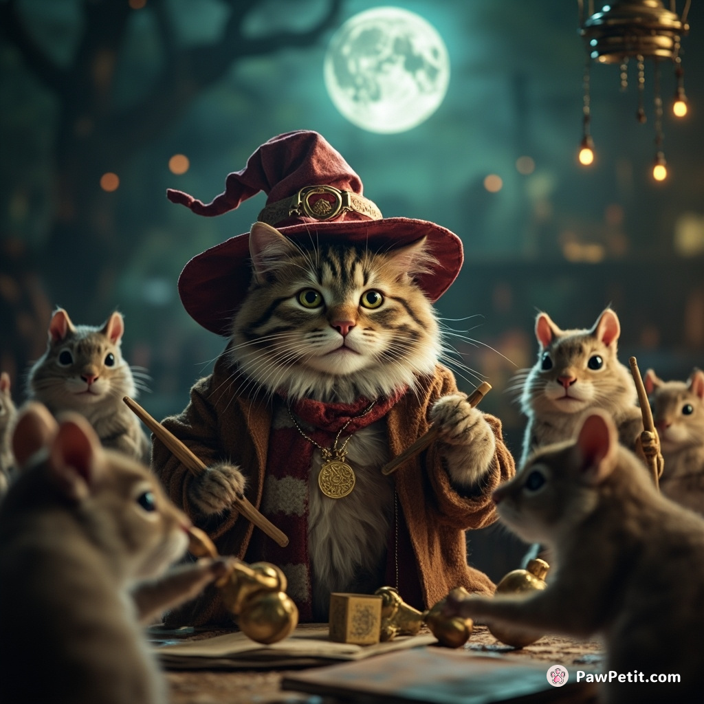 Cat dressed as an old wizard teaching a gaggle of squirrels ancient rune magic in a moonlit classroom.