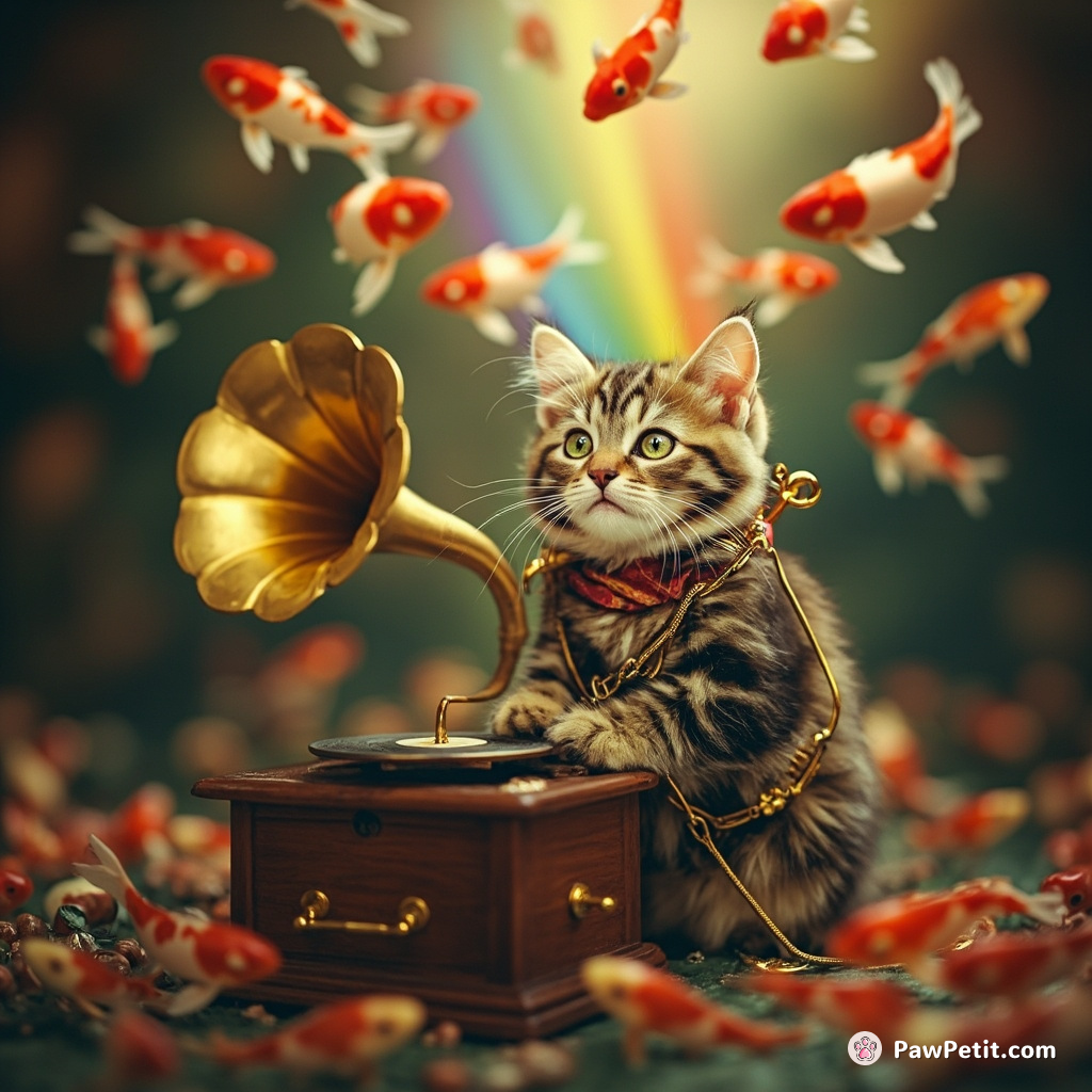 Steampunk cat summoning miniature rainbows through an old gramophone amidst a flock of floating fish.